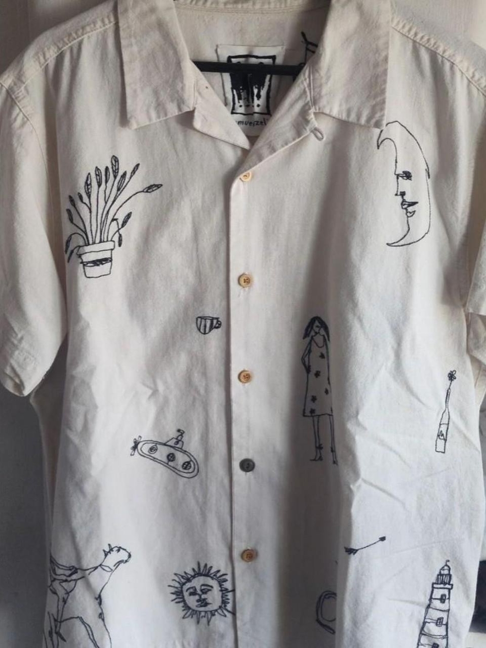 Men's Short-Sleeve Camp Shirt with Black Embroidery